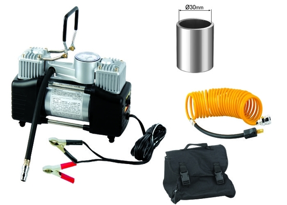 Máy nén khí hạng nặng 12v bằng thép đen và bạc, xi lanh đôi với đồng hồ đo